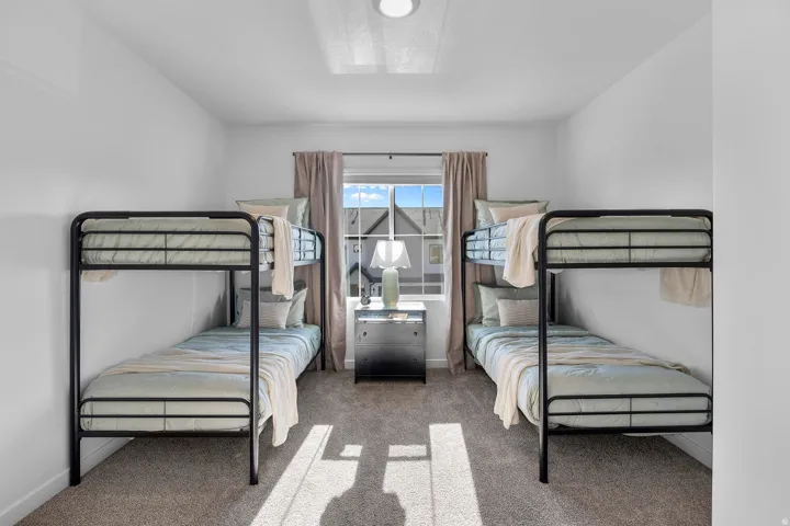 Bright interior room featuring a central window with light-filtering drapes, a flush-mount ceiling light, and neutral-toned carpeting