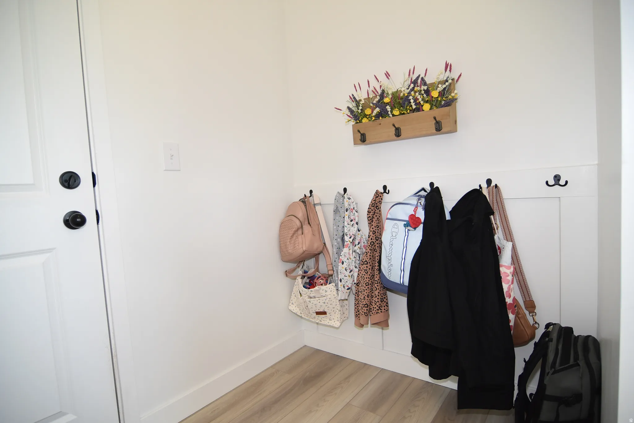 Entryway mudroom area featuring a white paneled wall with black coat hooks, wood-finish flooring, and a white paneled door with black hardware