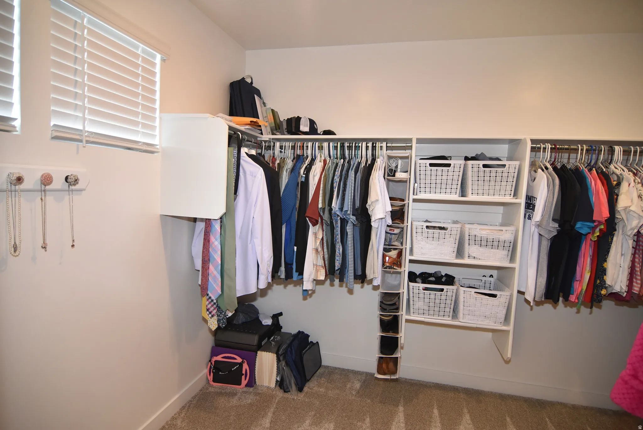 Owner's Custom closet system featuring multiple hanging rods, integrated shelving units, and carpet flooring