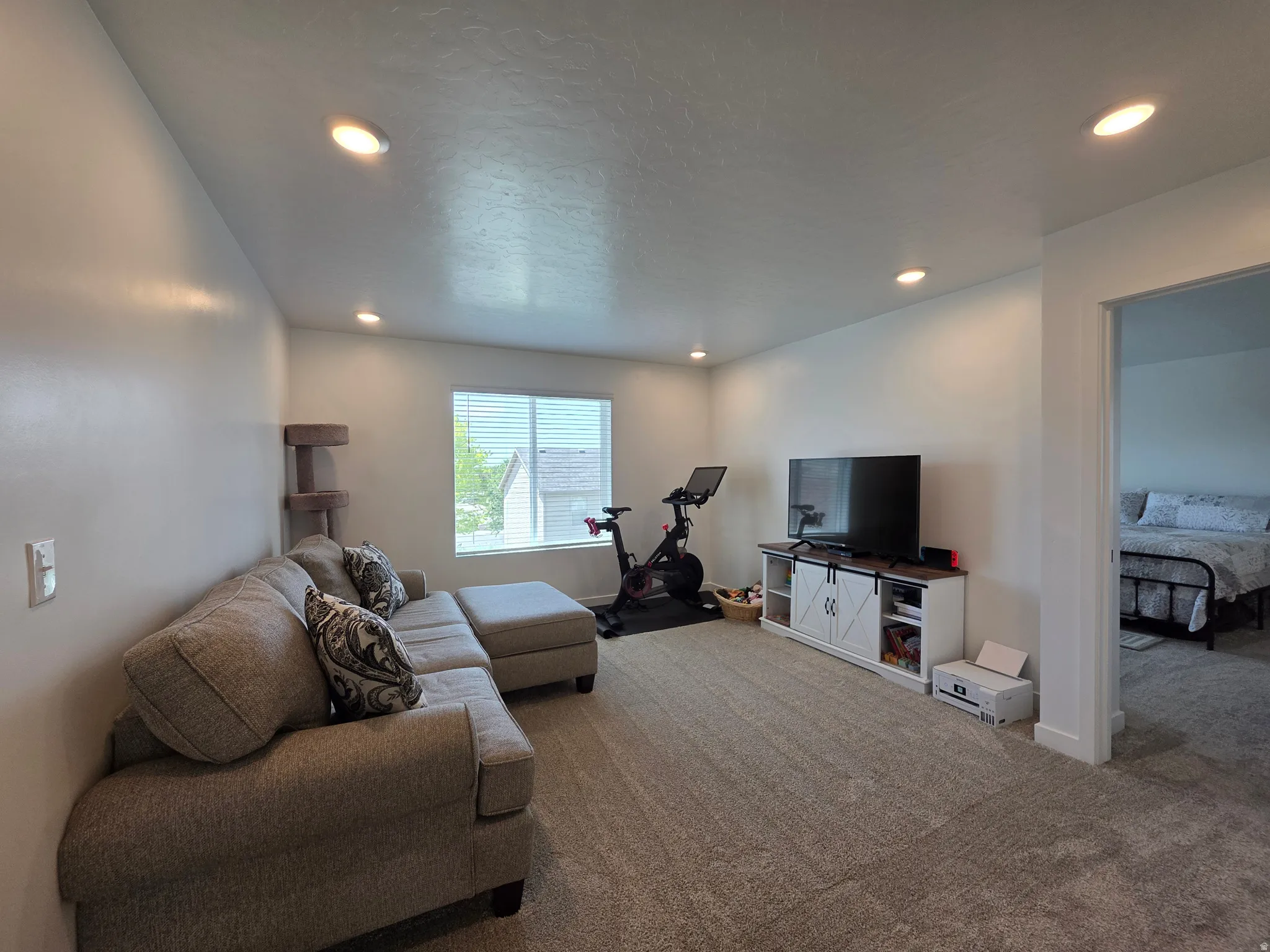 Recessed ceiling lighting illuminates a carpeted living area