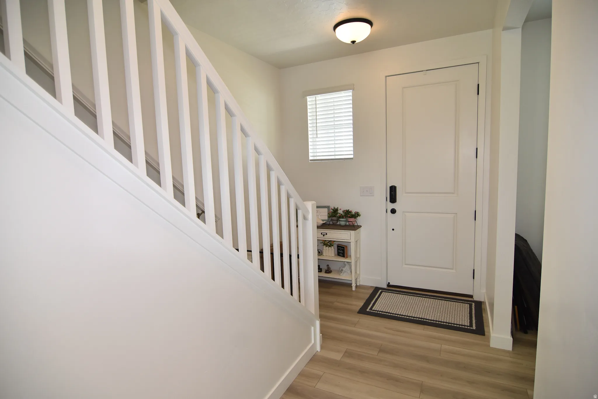 Entryway featuring a solid panel door, wood-finish flooring, and a flush mount ceiling light