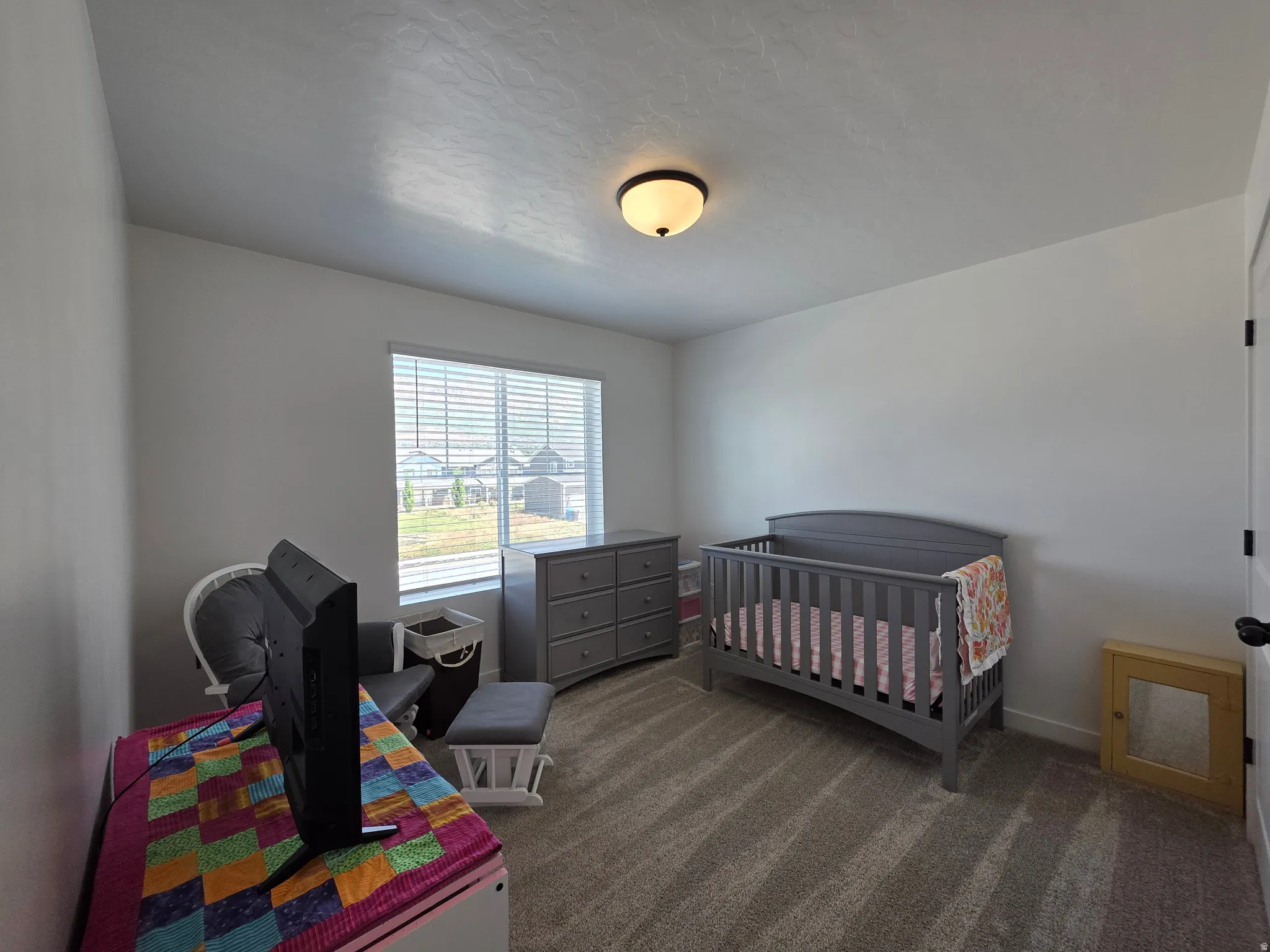 Bright room featuring neutral wall tones, textured ceiling, a single window with horizontal blinds, overhead flush mount lighting, and gray carpeting
