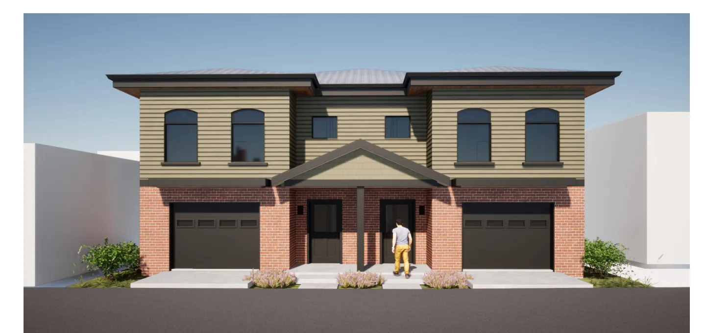 Contemporary duplex exterior featuring brick and horizontal siding, individual garage access, arched windows on the upper level, a covered entryway, and minimal landscaping