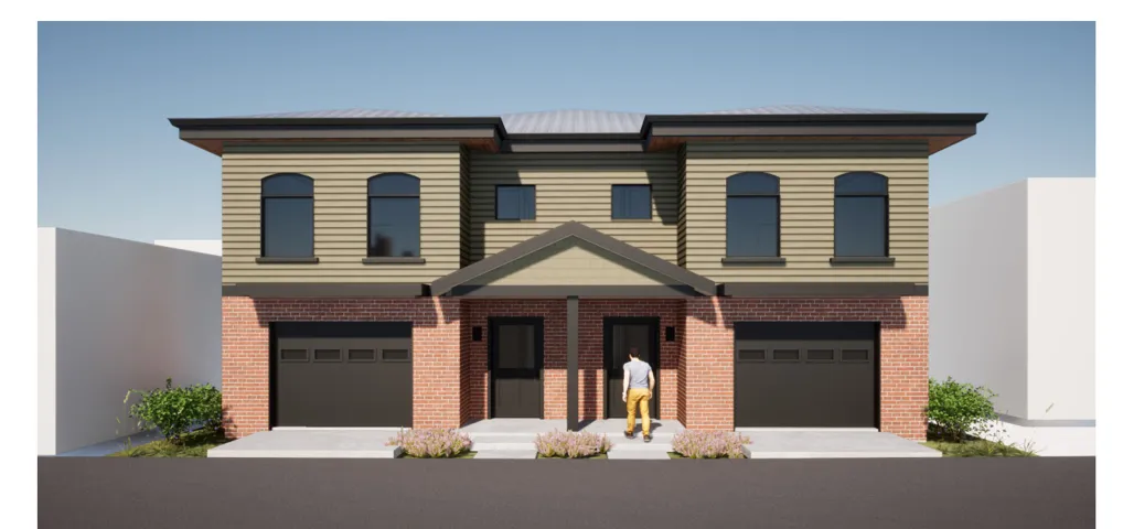 Contemporary duplex exterior featuring brick and horizontal siding, individual garage access, arched windows on the upper level, a covered entryway, and minimal landscaping