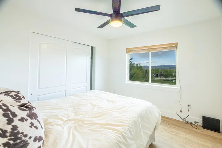 Light-filled interior featuring wood-finish flooring, a ceiling fan, and a window with natural light