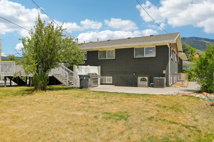 Expansive backyard featuring a concrete patio, mature tree, and a multi-level wood deck with white railings