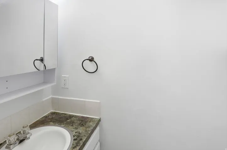 Bathroom vanity featuring an oval undermount sink, a mottled countertop, and a mirrored medicine cabinet with an integrated shelf