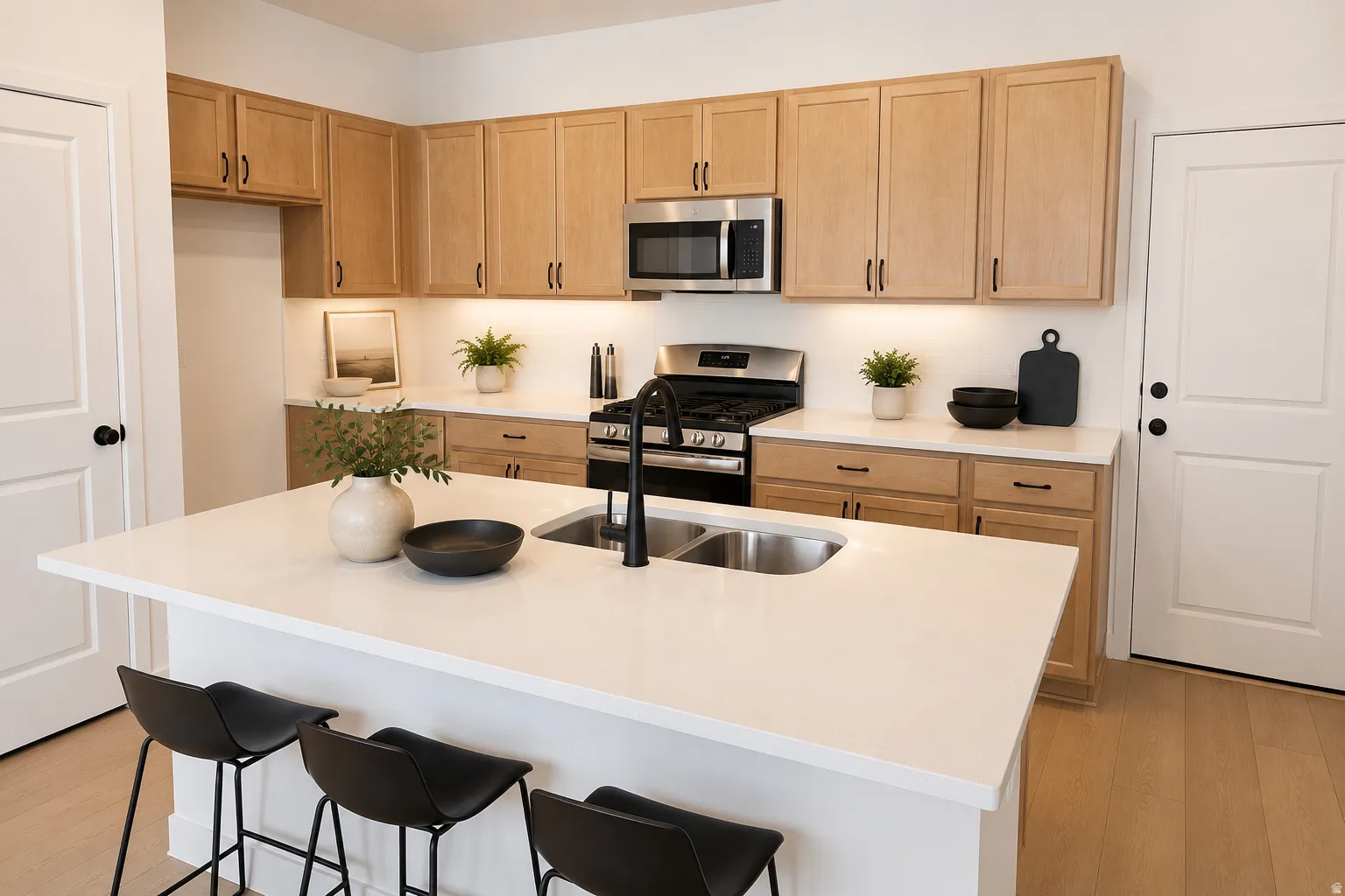 Kitchen featuring light wood cabinetry, stainless steel appliances, a center island with double sink, and light-toned countertops