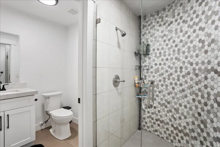 Frameless glass shower enclosure featuring hexagon mosaic tile, large format wall tile, and a built-in shower niche