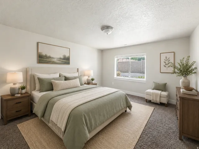 Spacious room featuring neutral wall tones and textured carpeting