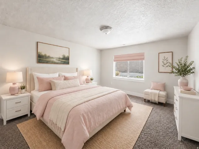 Carpeted room featuring a window with a roman shade, a ceiling-mounted light fixture, and textured walls
