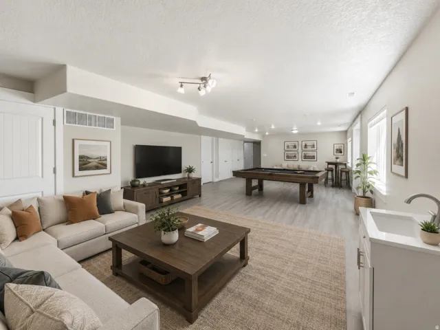 Spacious basement entertainment area with wood-finish flooring, recessed lighting, and a built-in wet bar
