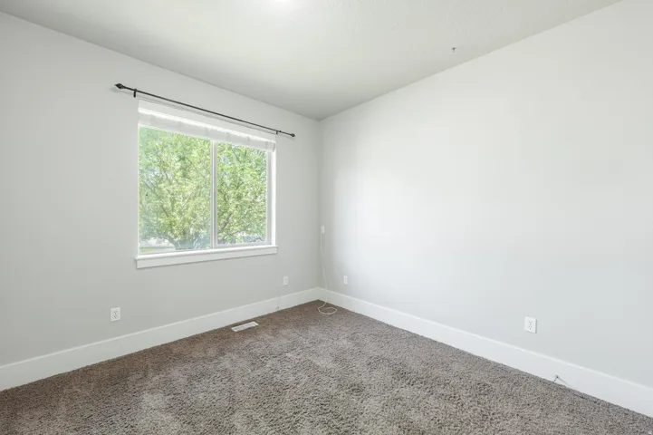 Carpeted room featuring a large window with white trim, a black curtain rod, and light gray painted walls