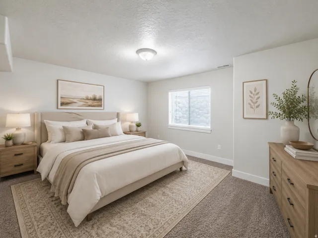 Carpeted bedroom featuring a double-paned window with blinds, a ceiling-mounted light fixture, and a light-toned wall finish