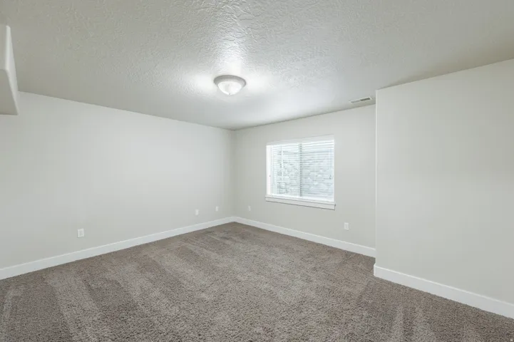 Carpeted room featuring light gray walls, a single window with blinds, and a flush mount ceiling light fixture