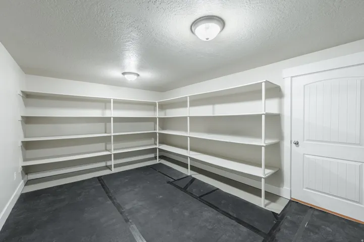 Spacious pantry featuring extensive wrap-around shelving, a solid white door with a curved top panel, and flush mount ceiling lighting
