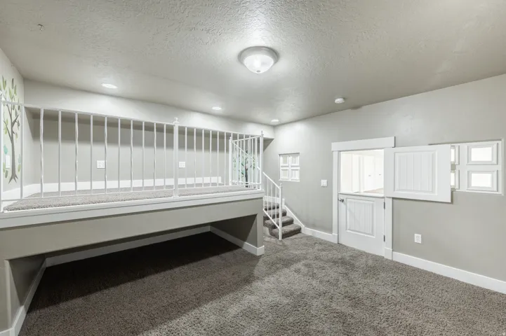 Carpeted room featuring a raised platform with white railings, recessed lighting, and a Dutch door with an open top half