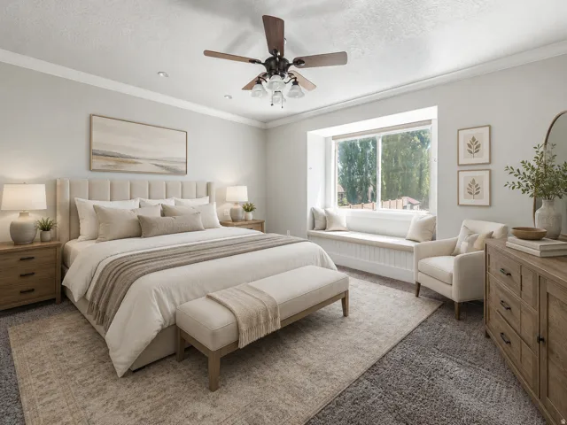 Owner's suite featuring a built-in window seat, crown molding, and recessed lighting