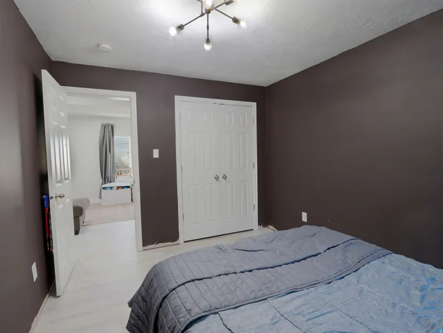 Room featuring dark accent walls, white wood-finish flooring, and a modern ceiling light fixture