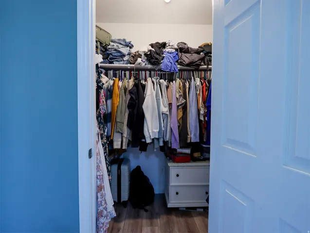Walk-in closet featuring wood-finish flooring, recessed lighting, and white trim