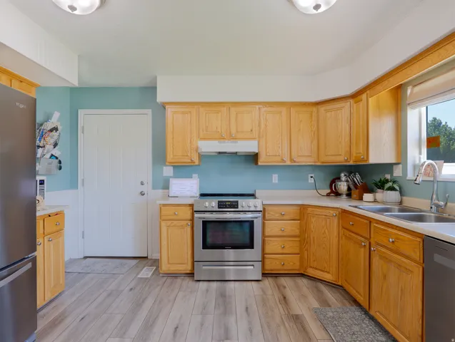 Kitchen featuring wood-finish flooring, light wood cabinetry, stainless steel appliances, and a window over the double basin sink