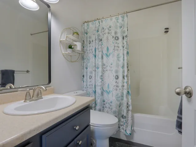 Bathroom featuring a single vanity with an oval basin, brushed nickel faucet, and dark cabinetry