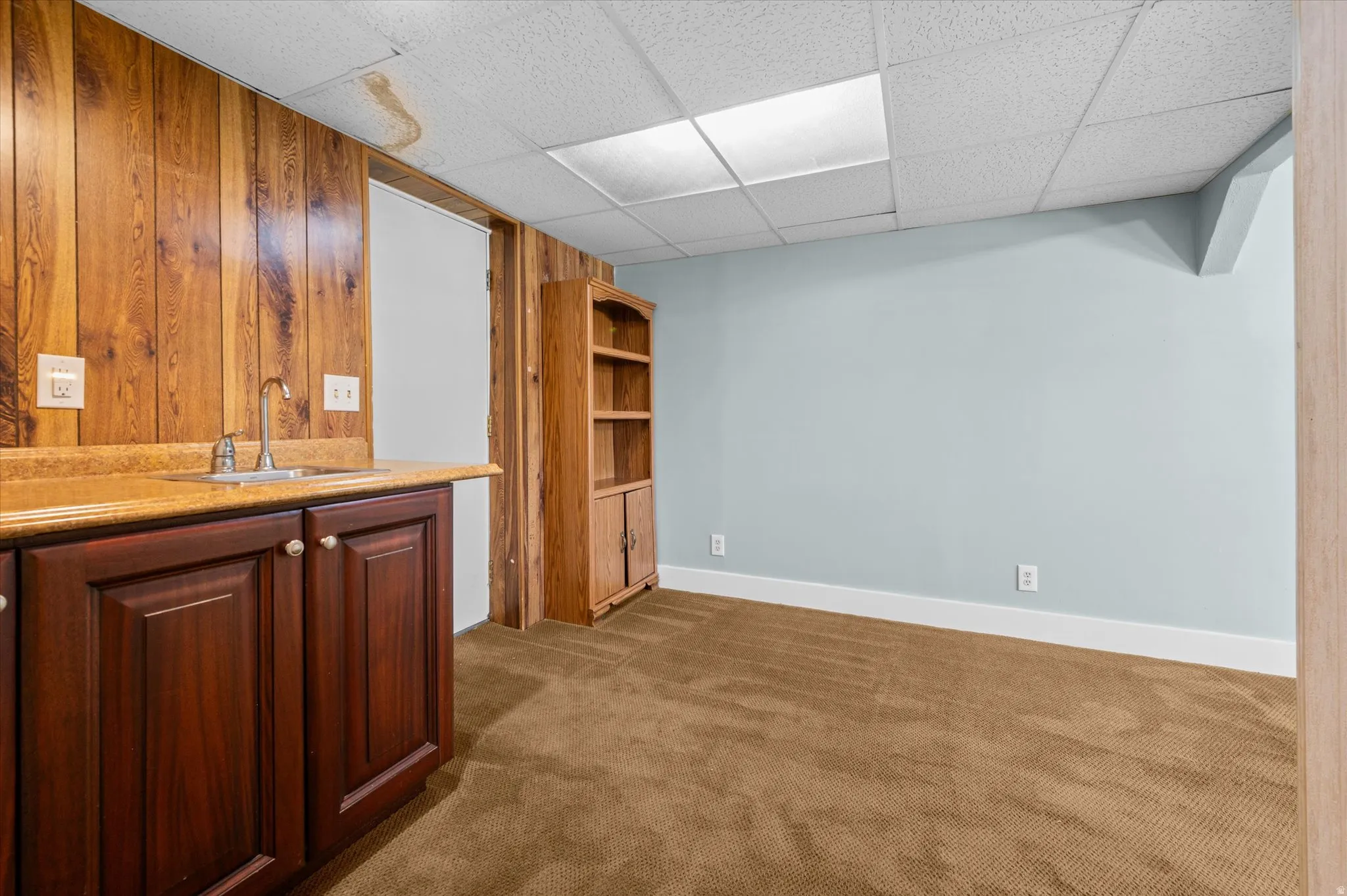 Wood paneling accent wall with built-in cabinetry and sink surrounding walk out