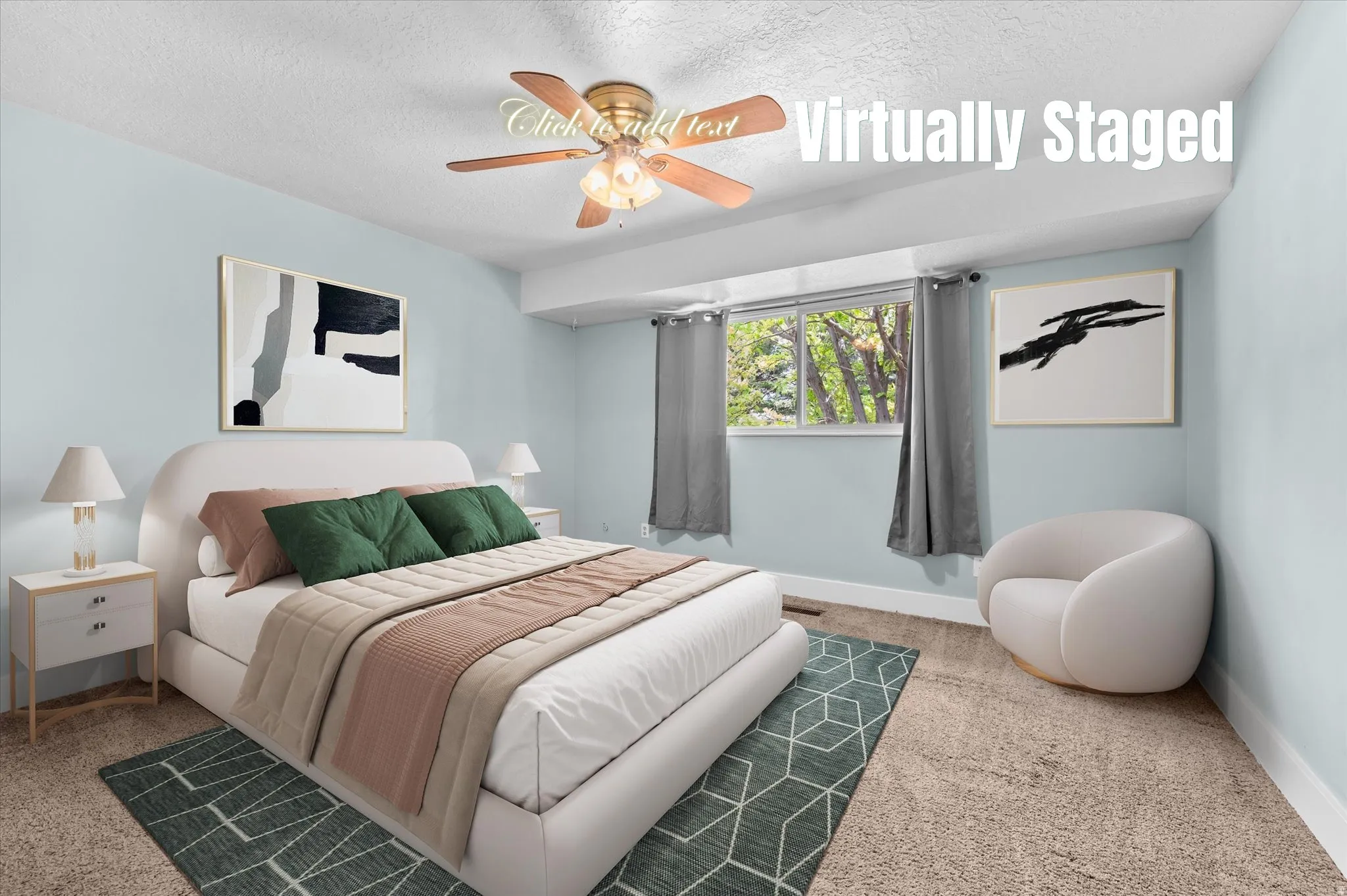 Spacious room featuring light blue walls, a window with exterior views, and a ceiling fan with integrated lighting