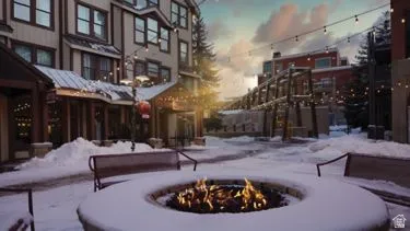 Outdoor fire pit with integrated seating, surrounded by commercial or residential buildings featuring multiple windows
