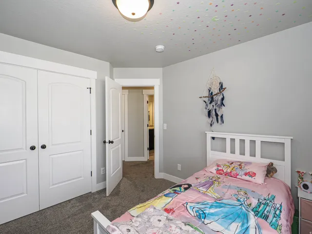 Carpeted room with light gray walls and a white ceiling light fixture