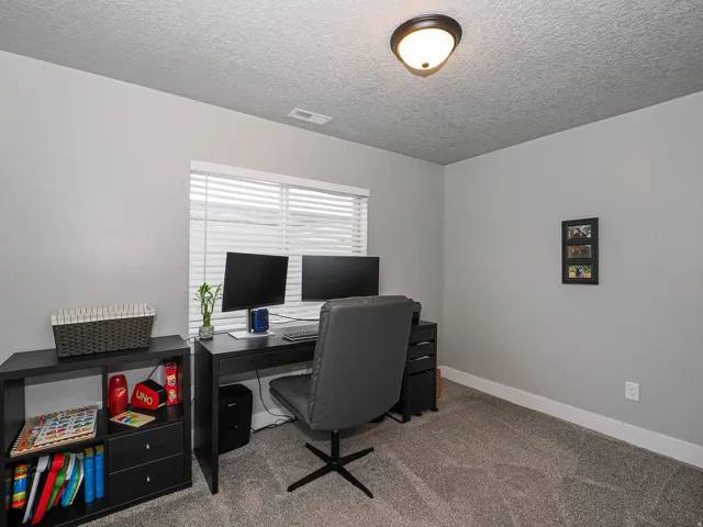 Room featuring textured carpet flooring, light gray wall paint, and white baseboards