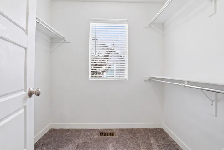 Walk-in closet featuring a window with blinds, white shelving, metal hanging rods, and carpeting