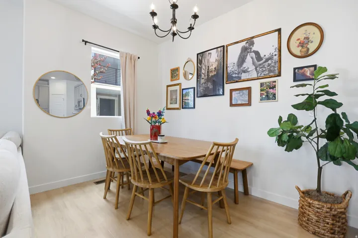 Bright dining space featuring light wood-finish flooring