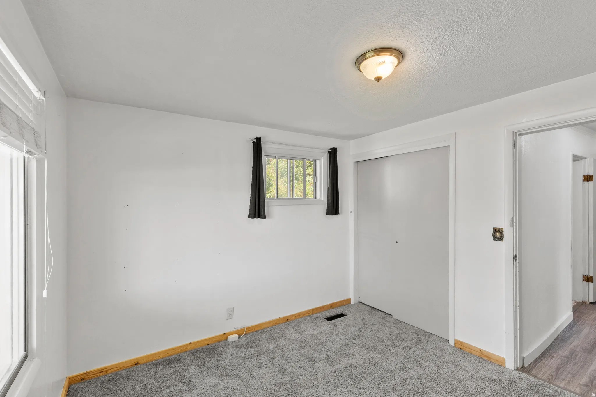 Carpeted room featuring two windows, a ceiling-mounted light fixture, a closet with bi-fold doors, and a doorway with wood-finish flooring visible beyond