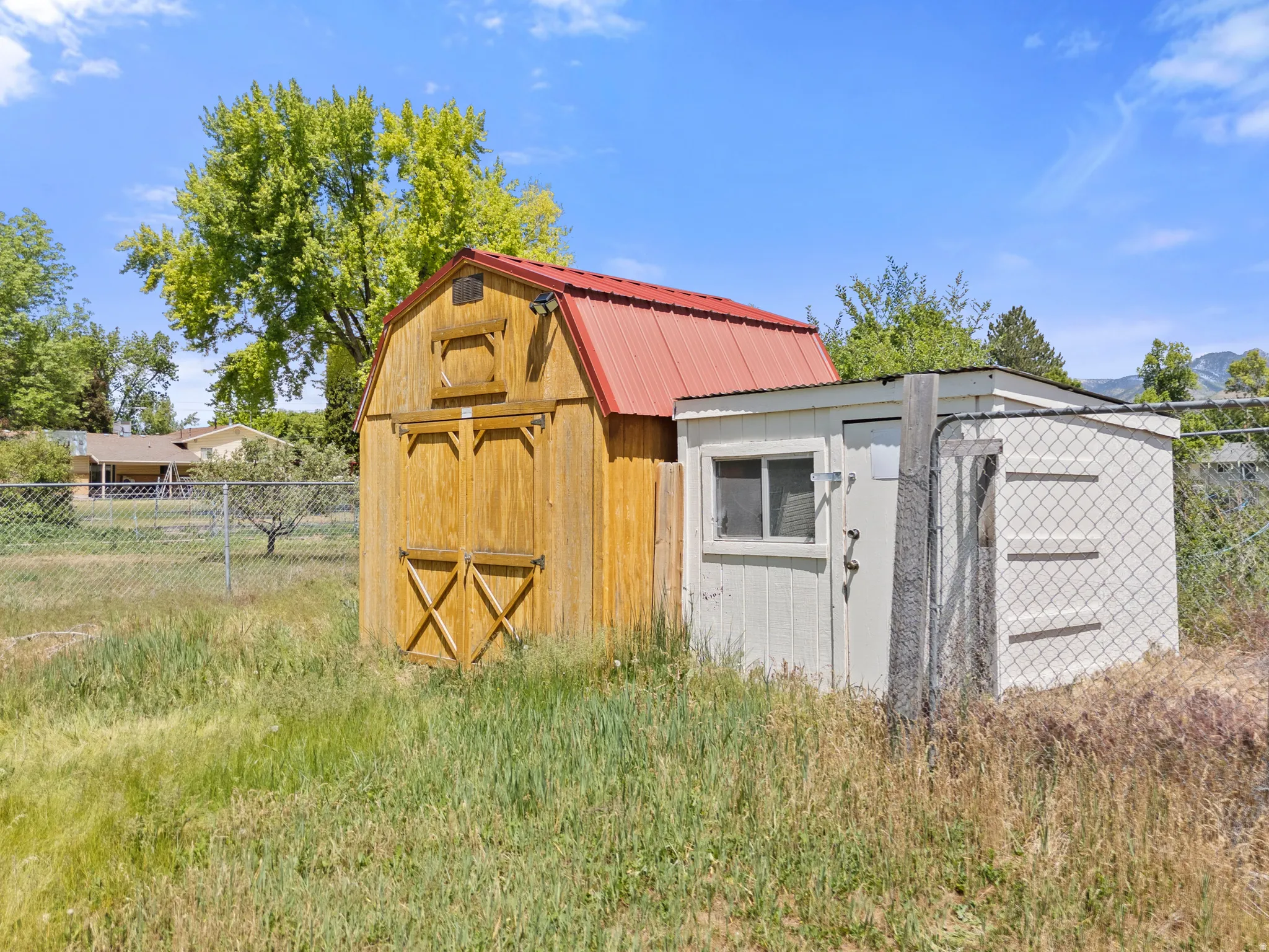 Wooden storage shed with a red metal roof and gambrel design for sale at $3000 and chicken coop with fencing and gates will stay.