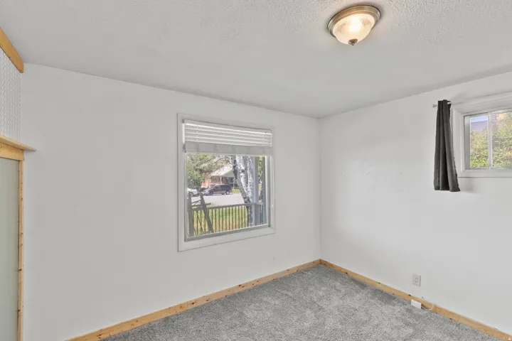 Room featuring two windows, neutral painted walls, and wood-finish baseboards. Hardwood is under the carpet.