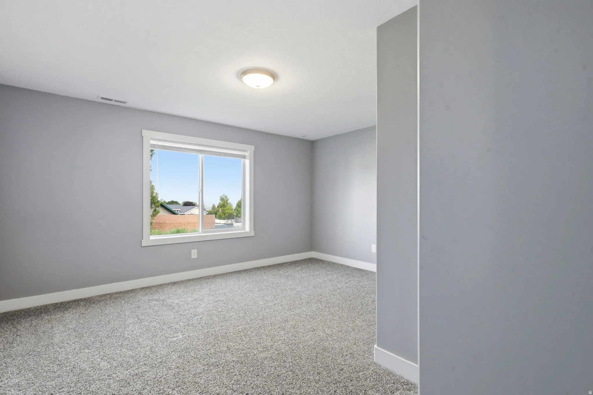 Room featuring neutral gray wall finishes, gray carpet, a single window with white trim, white baseboards, and a flush-mount ceiling light fixture