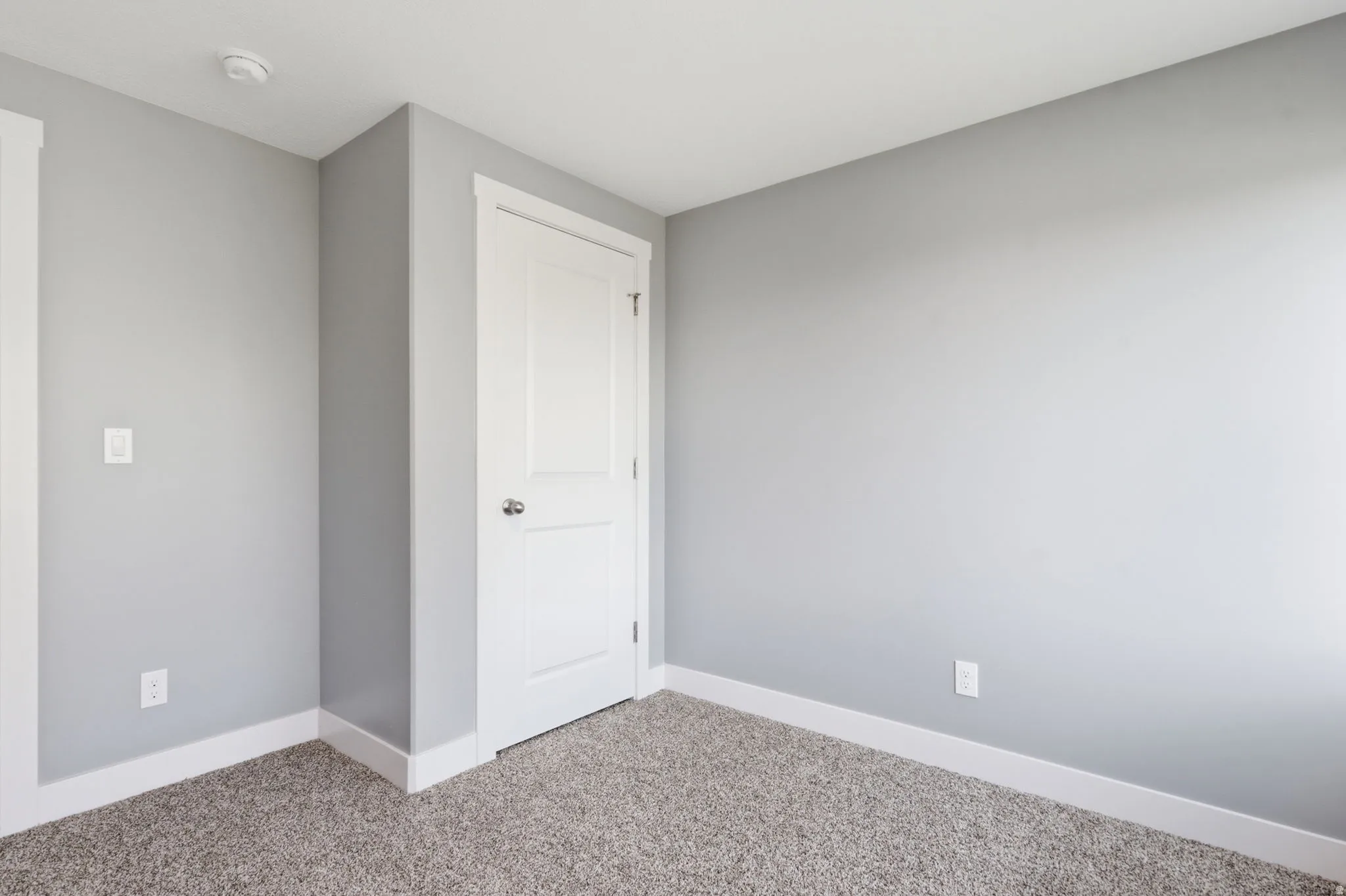 Neutral gray wall paint with white trim, complementing the textured gray carpeting