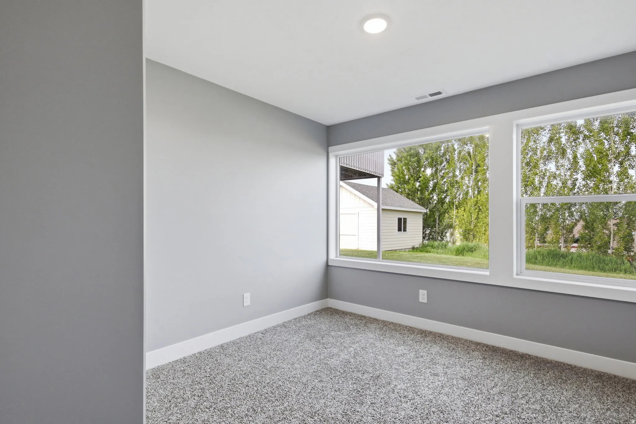 Carpeted room featuring light gray walls and white trim