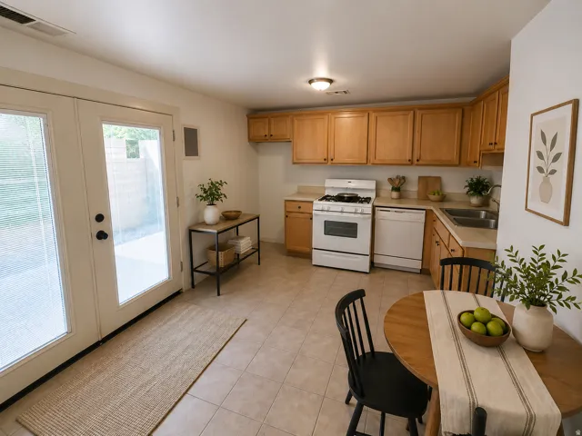 Kitchen with wood cabinetry, white appliances, and tiled flooring