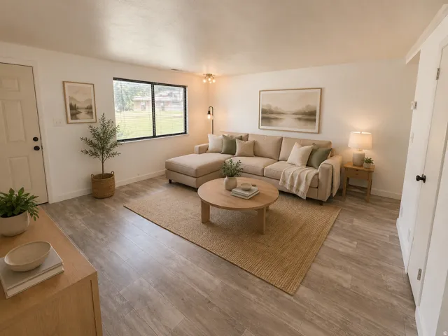 Spacious living area featuring light wood-finish flooring, white walls, and a large window providing ample natural light