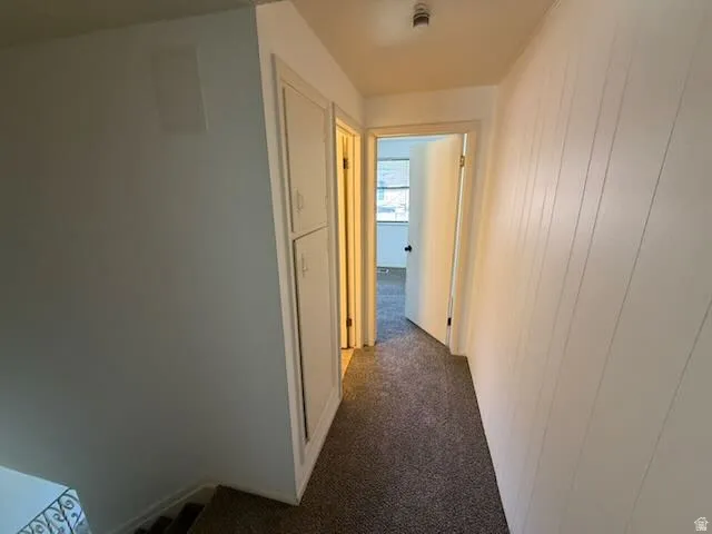Hallway featuring built-in cabinetry, textured wall paneling, and neutral carpeting