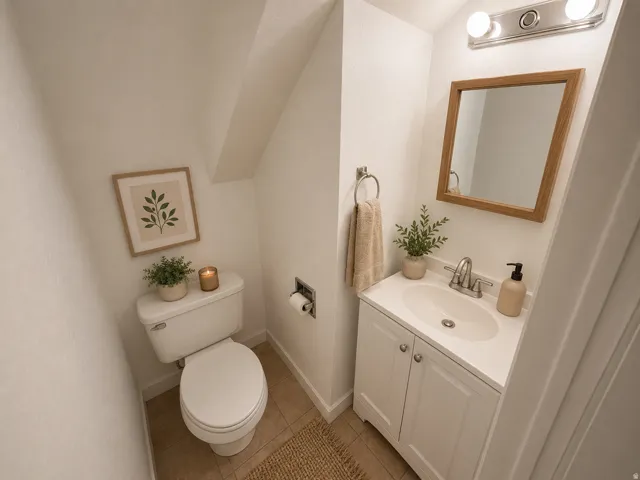 Compact powder room featuring a single vanity with storage, a wall-mounted mirror with a wood-finish frame, and tile flooring