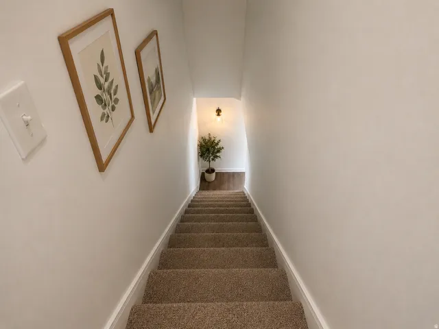 Carpeted staircase with white walls and baseboards
