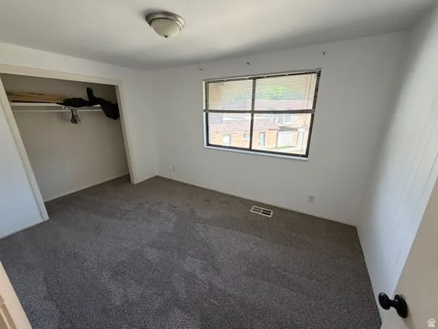 Carpeted room featuring a single window with blinds, a ceiling-mounted light fixture, and an open closet