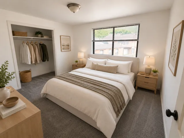 Carpeted bedroom with a large window, built-in closet with shelving and hanging rod, and ceiling-mounted light fixture