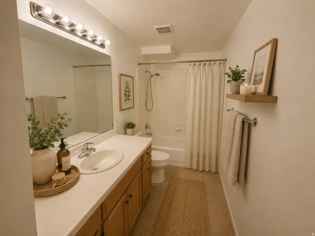 Full bathroom featuring a single vanity with a white countertop and wood-finish cabinetry, a large wall-mounted mirror, and a combination shower and tub