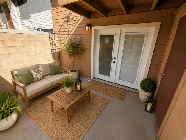 Private patio area featuring concrete flooring and a block wall perimeter