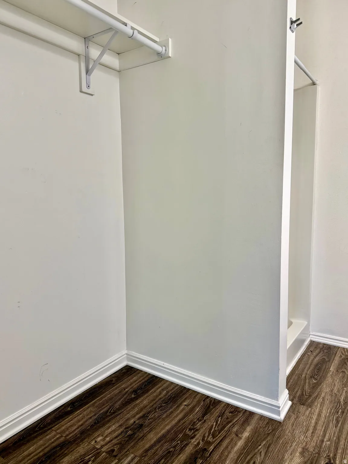 Walk-in closet featuring wood-finish flooring, white baseboards, and built-in shelving with hanging rods