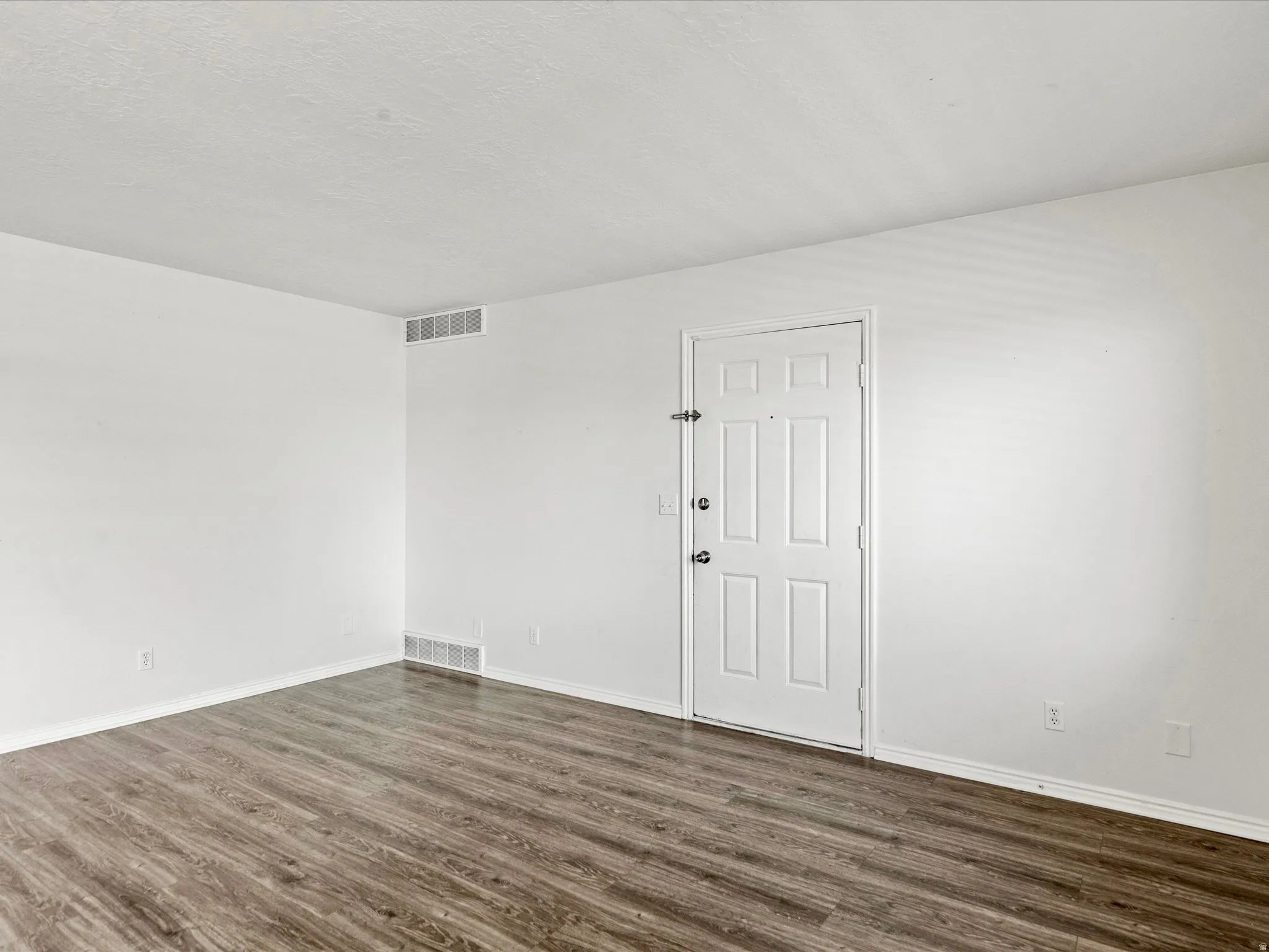 Wood-finish flooring throughout, white baseboards, and a paneled entry door with chrome hardware